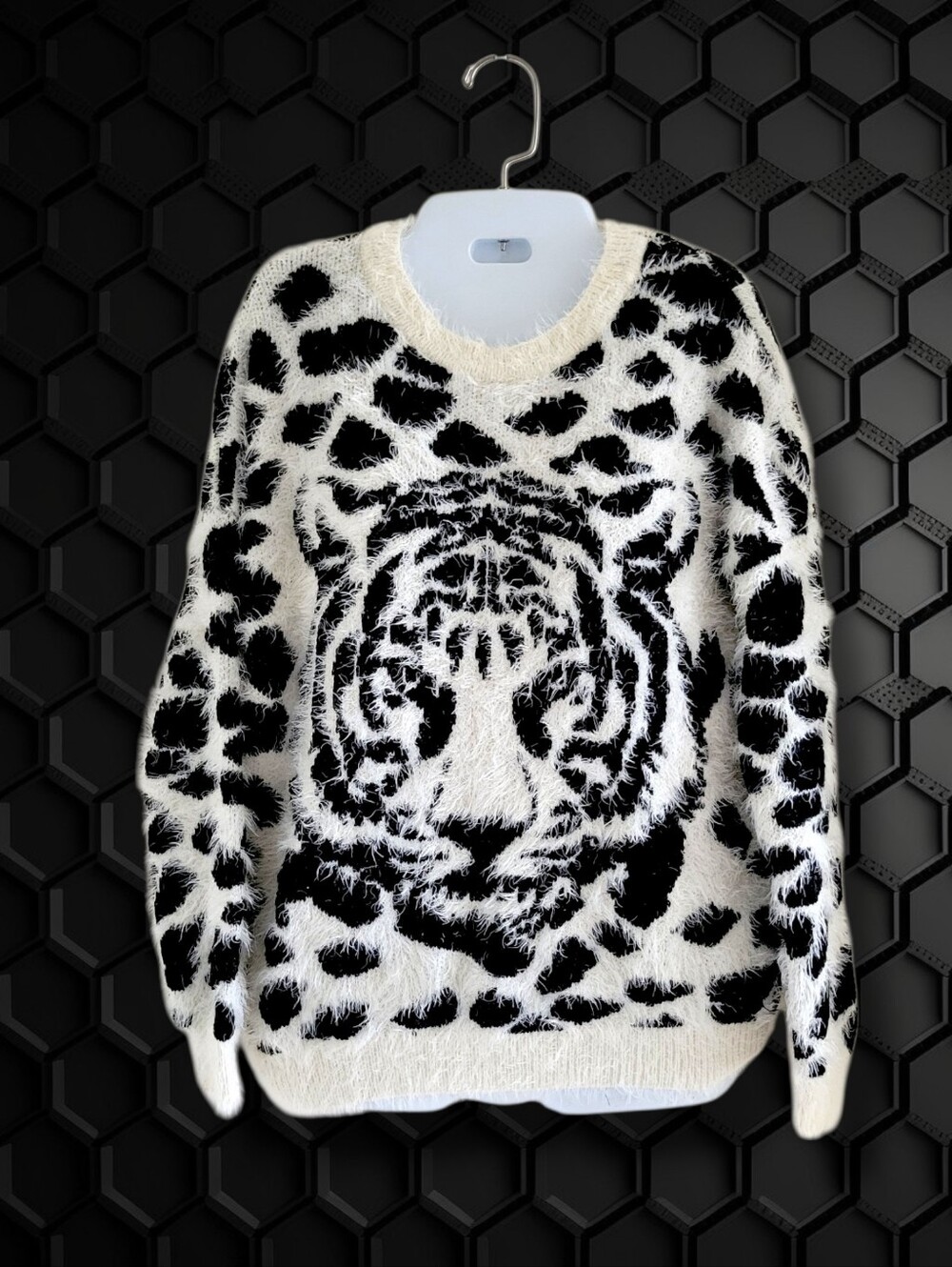 Cashel | Fuzzy Eyelash Black/White Tiger Motif Long Sleeve Sweater (SIZE S)